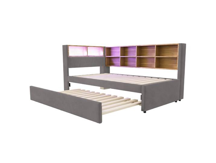 Canapé-lit 90x200 cm avec lit gigogne à droite en polyester gris foncé