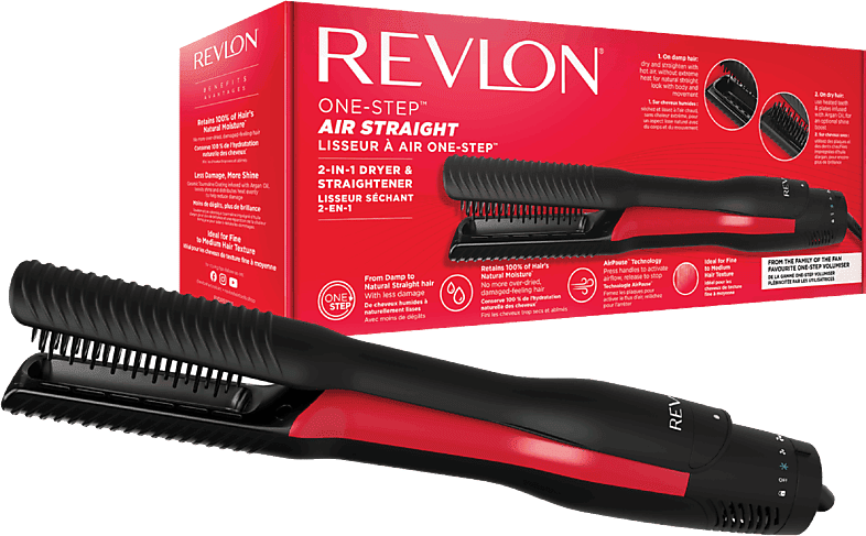 Plancha Secador - Revlon One Step Air Straight, Cerámica, De cabello húmedo a Liso natural, Negro