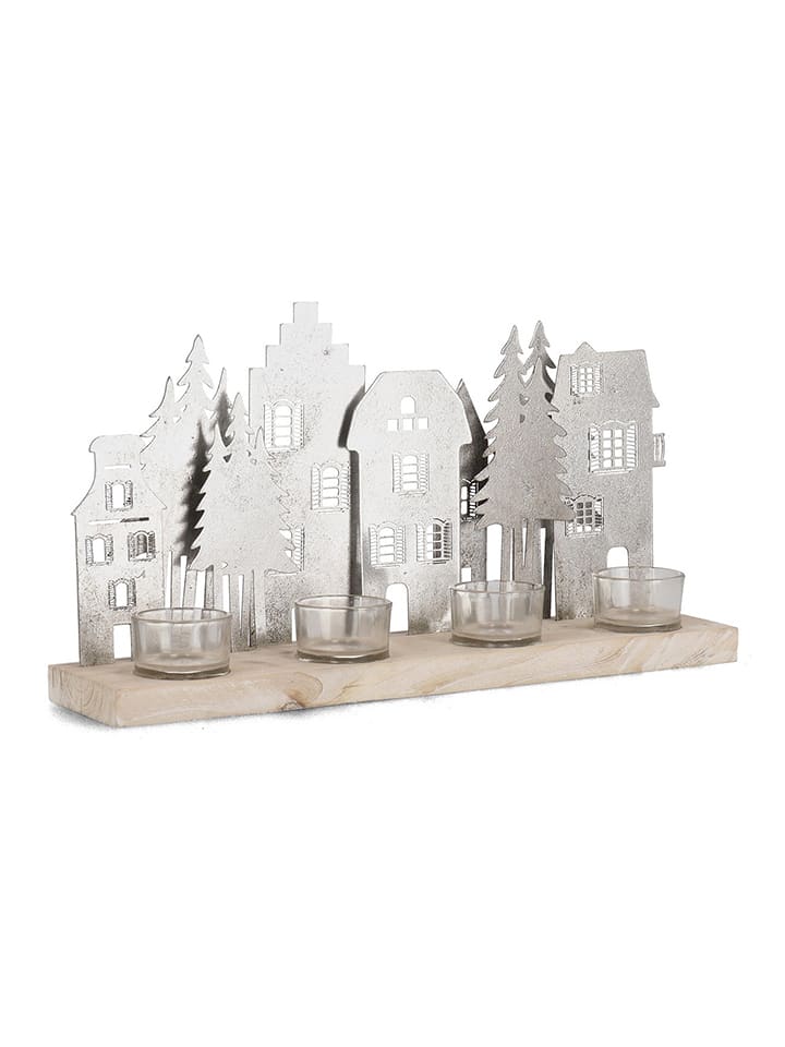 Bizzotto Teelichthalter "House" in Silber/ Hellbraun - (B)38 x (H)20 cm - onesize