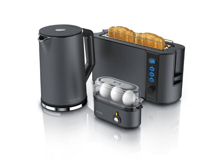 Arendo Frühstücks-Set Edelstahl Wasserkocher 1,5l, 2-Scheiben Toaster, Eierkocher, Cool Grey (3-tlg), BPA-frei, GS-geprüfte Sicherheit, perfekt fürs Familienfrühstück