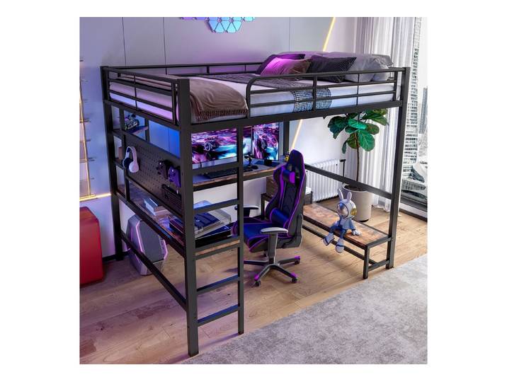 OKWISH Kinderbett Hochbett Metallbett (mit Schreibtisch und LED-Beleuchtung, Eisenrahmen, multifunktionale Ablagen, USB-C Steckdose, Sicherheit Geländer & Trittleiter, 140x200 cm), ohne Matratze
