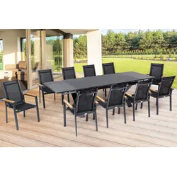 OUTFLEXX Garten-Essgruppe, OUTFLEXX® anthrazit matt, Alu / Spraystone / Teak, Tisch 180/280x100cm, 10 Stapelsessel