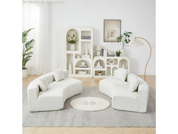 ELVORIN Canapé modulable incurvé 4 places en chenille beige 2 coussins