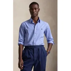Polo Ralph Lauren für Herren. 710B15595005 Blau gestreiftes Custom Fit Popeline-Hemd (S), Lässig, Baumwolle, Langarm