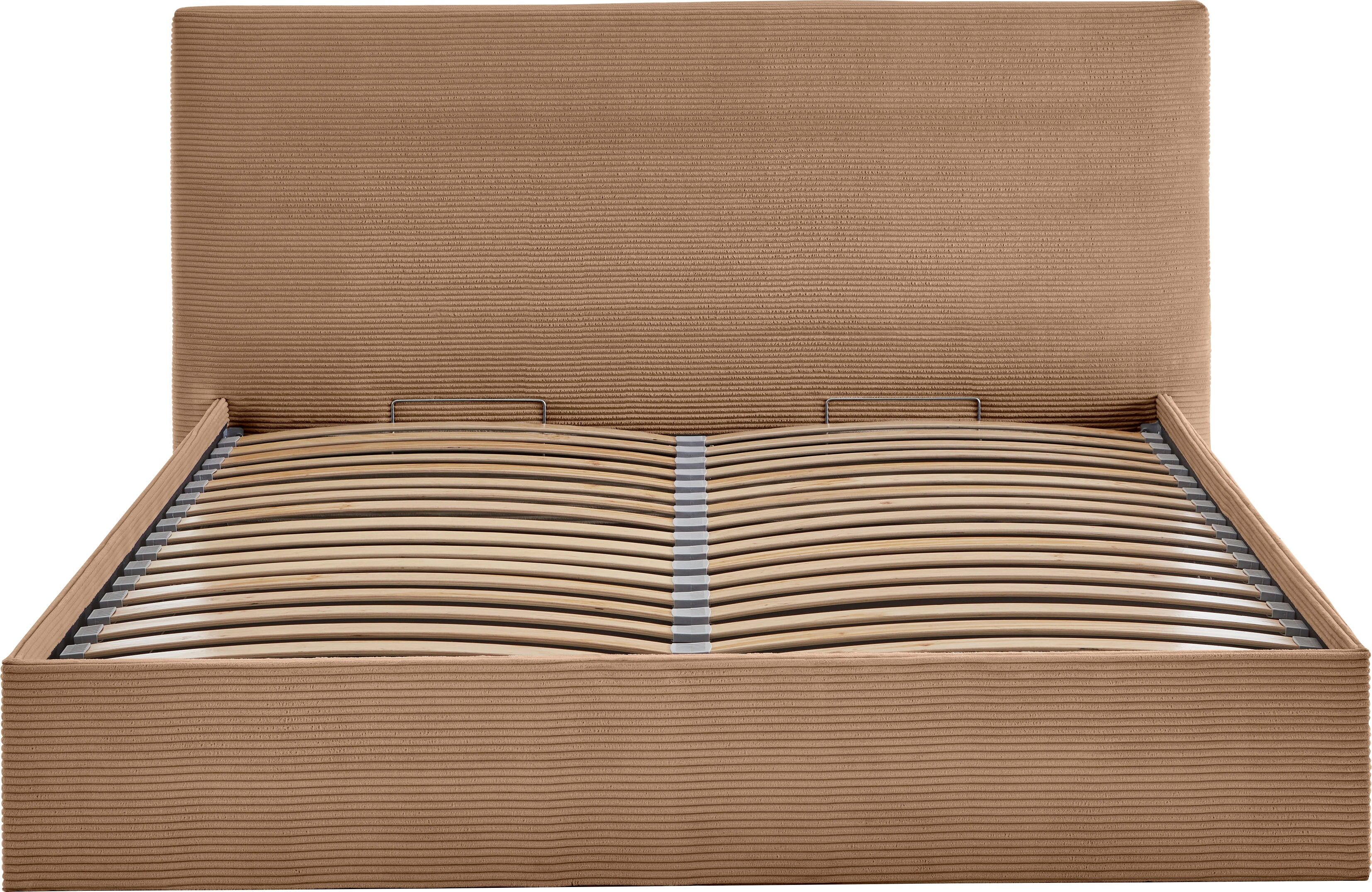 Bettgestell "Melody", braun (caramel), B:182cm H:107cm L:213cm, Bettgestell und seitliche Einfassung der Matratzen: Cord, ATLANTIC HOME COLLECTION, Betten, Bettgestell, mit Bettkasten und Lattenrost caramel Liegefläche Länge B: 200cm x 160cm, Cord, Höhe B