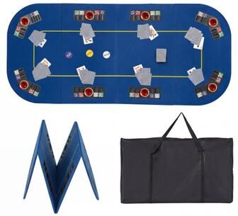 Costway 79 Inch x 36 Inch 8-Player Foldable Poker Table Top with Carry Bag and Cup Holders-Blue