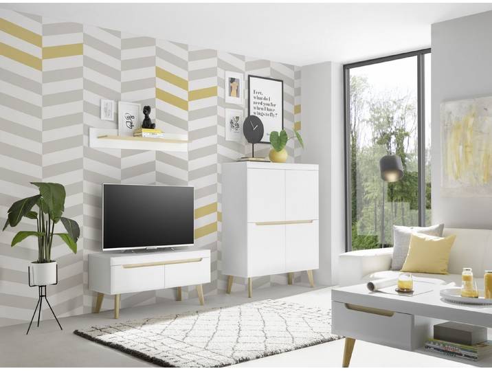 Beauty.Scouts Wohnzimmer-Set Lumira - Highboard, Lowboard, Wandboard, weiß, Scandi Oak Dekor