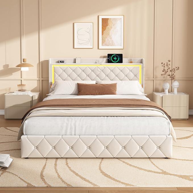 Polsterbett 160x200cm Doppelbett Bettrahmen mit 4 Schubladen,Schubladenbett Stauraumbett,Bettgestell mit Lattenrost,Bett mit viel Stauraum,Jugendbett Betten Funktionsbett,Samt,Beige