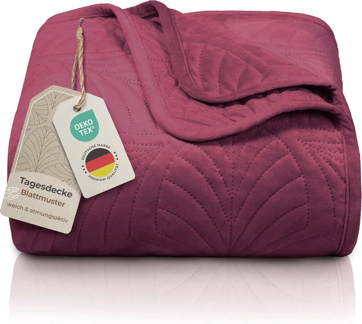 Premium gewatteerde sprei met bladmotief in bordeaux, 200 x 220 cm