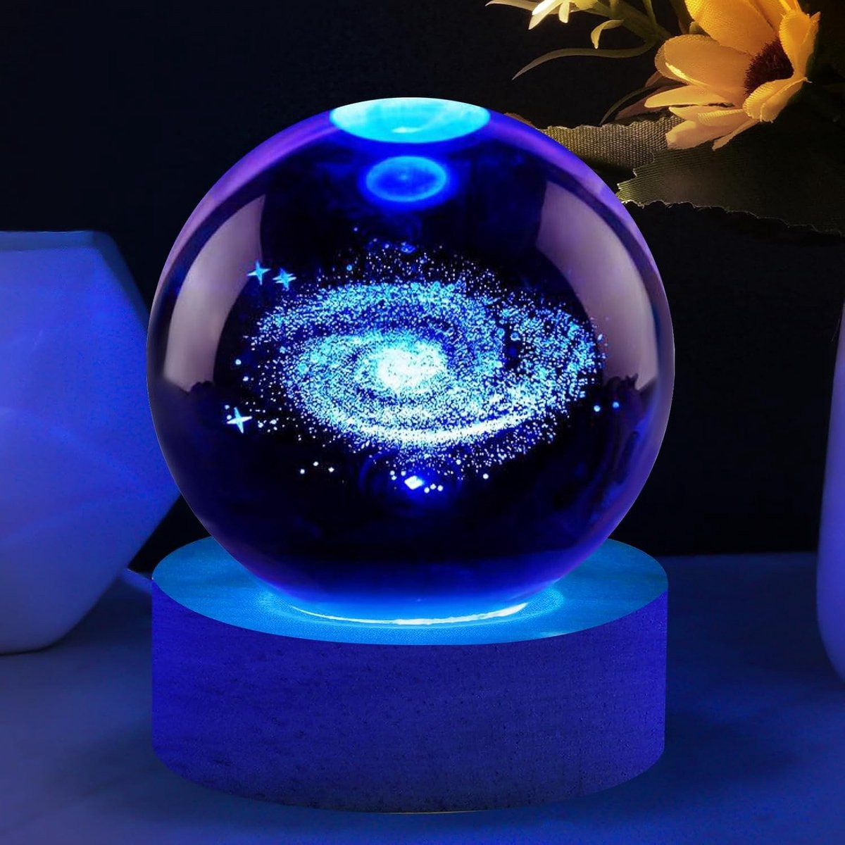 3D Sterren Projector Nachtlampje met Houten Basis, Galaxie Crystal Bal Nachtlicht voor Sfeervolle Decoratie