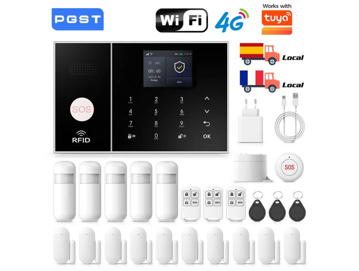 PGST Système d’alarme maison 4G GSM 433MHz, compatible avec TUYA Smart Life, Alexa, Google, WIFI 2.4G, sécurité domestique