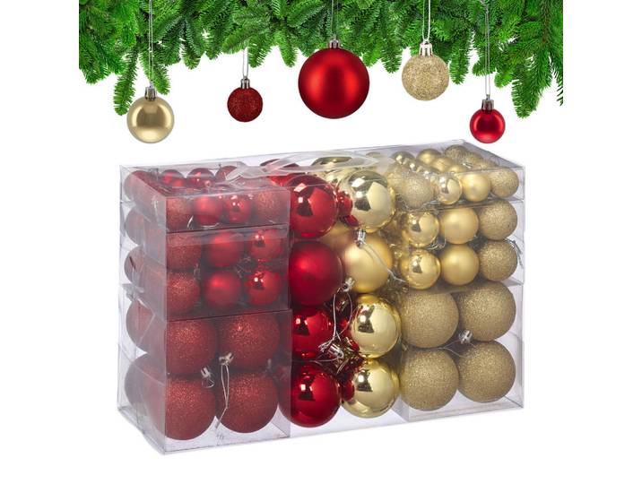 Relaxdays Weihnachtskugeln Gold Rot 100-Stück-Set, Dunkelrot, Goldfarben, Kunststoff, 6x7x6 cm, Dekoration, Weihnachtsdekoration, Christbaumschmuck