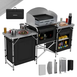 24MOVE® Campingküche CAMPO faltbar, Alu Outdoorküche mit Arbeitsplatte und Staufächern inkl. Windschutz und Tragetasche