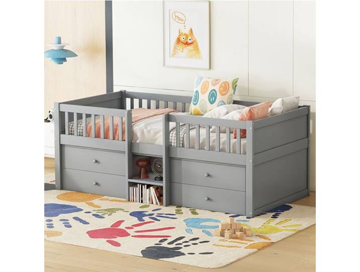 VUENOR Lit mi-hauteur 90x200 cm gris - 4 tiroirs barrières et échelle sans matelas