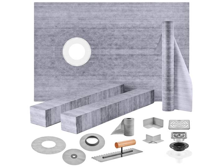 VEVOR Kit de seuil de douche\, 96\,5 x 152\,4 cm\, tapis de seuil de douche étanche avec 10\,2 cm de PVC collé en remplacement\, 10\,2 cm de tissu en acier inoxydable\, 2 seuils de douche découpables et spatule\, râteau pour receveur de douche