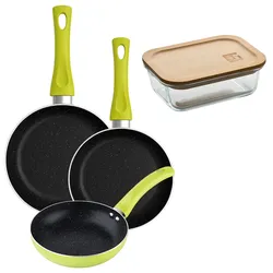 BERGNER - Set aus 3 Pfannen Ø20/Ø24/Ø28 cm gepresstes Aluminium Molen Grün Vorratsglas 650 ml aus Borosilikatglas NATURALLY