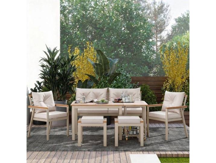 Ensemble de mobilier de terrasse - Set Acacia 6-7 personnes - Bois d'acacia - Coussins capitonnés - Chariot amovible