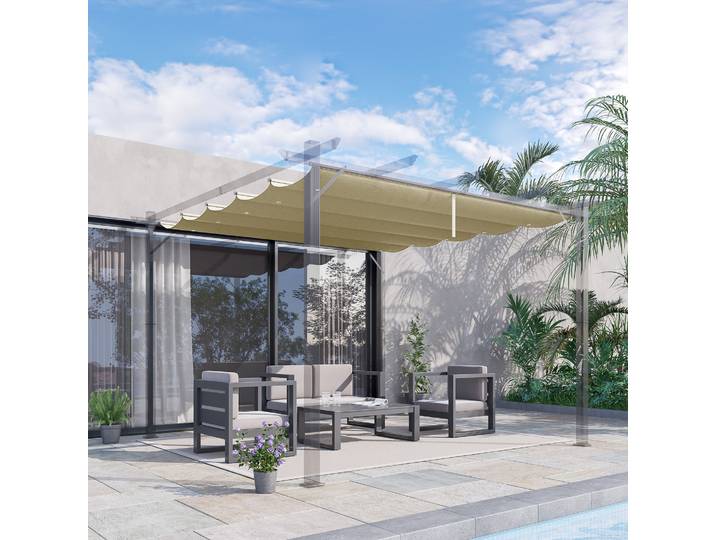 Auvent rétractable imperméable Outsunny 3x3m, couverture de pergola beige avec trous de drainage de la pluie.