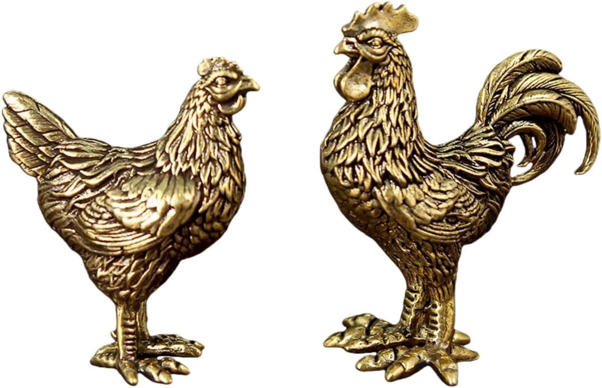 Handgemaakte messing haan en kip figuren voor op tafel, 2-7 cm