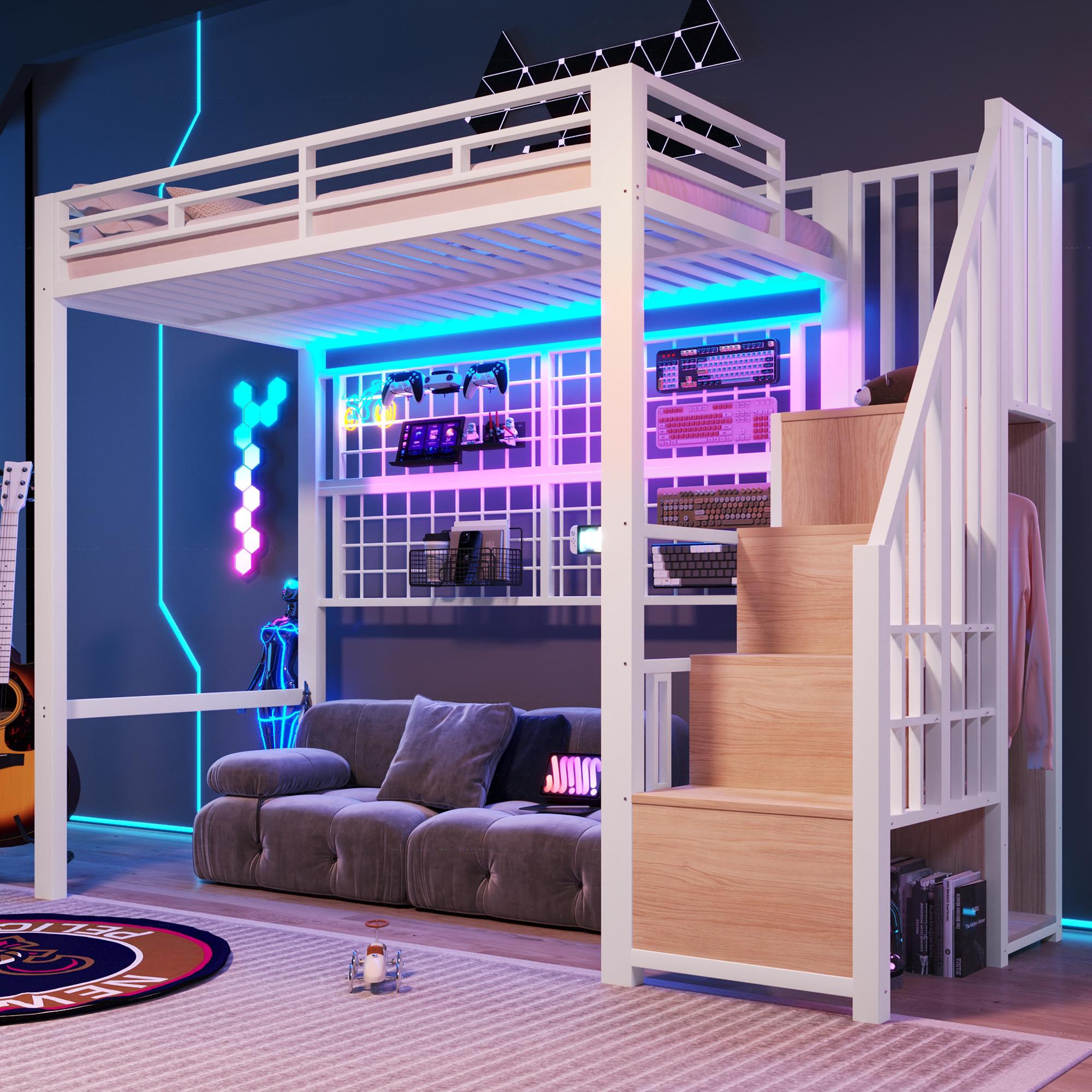 Hochbett 90 x 200 cm mit Kleiderschrank und Stauraumleiter, Metallrahmen, Hängegitter, Freiraum unter dem Bett und 7-Farben-LED