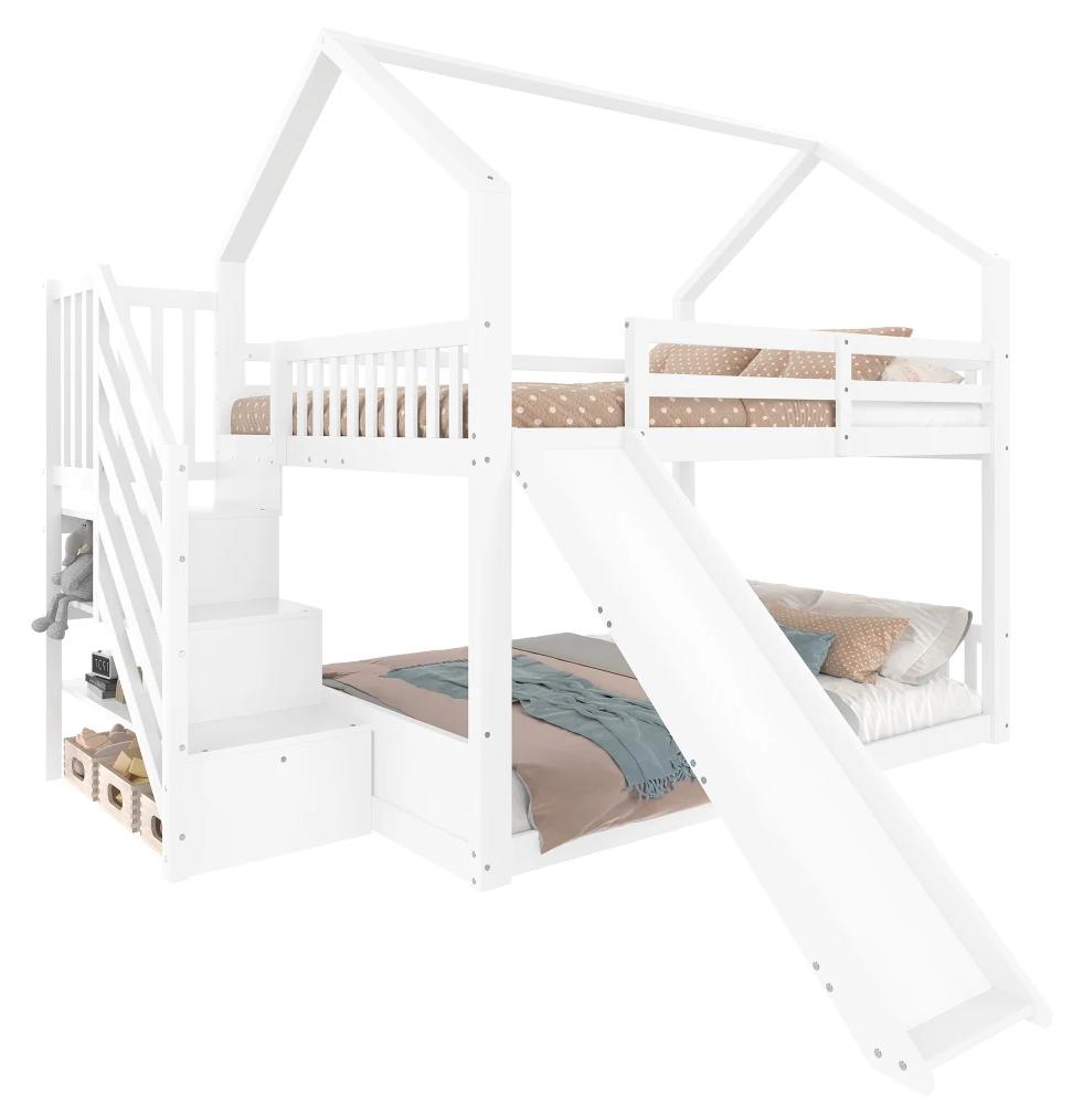 Kinder-Etagenbett - 140 x 200 cm - Stauraumtreppe mit Rutsche - Rausfallschutz - Kiefernholz - Weiß - Ohne Matratze