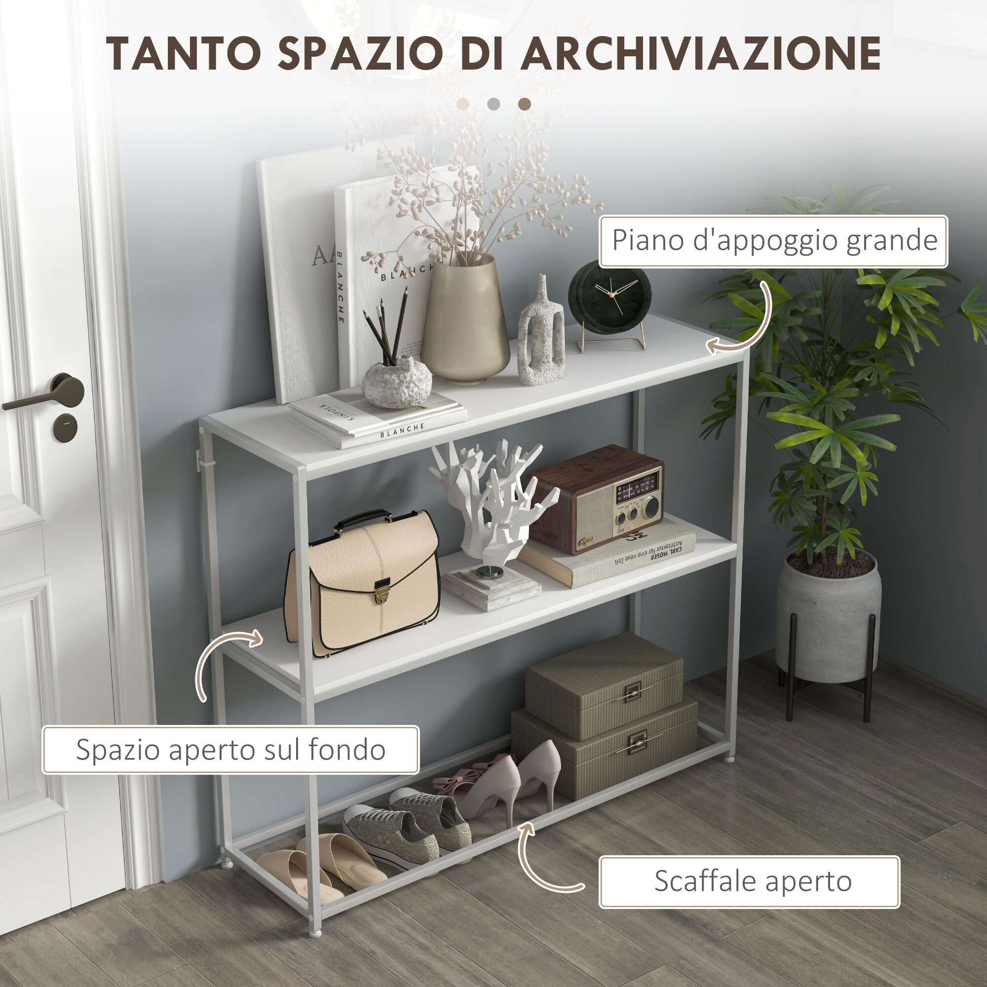 Altro Tavolo Consolle Da Ingresso Con Ripiano Aperto, In Acciaio E Truciolato, 100x30x87 Cm, Bianco