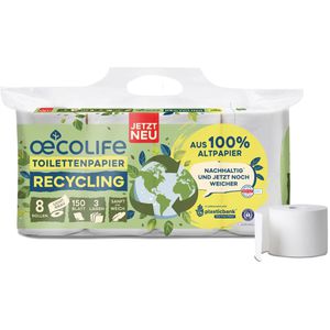Oecolife Toilettenpapier, 3-lagig, Recyclingpapier, 150 Blatt, 8 Rollen