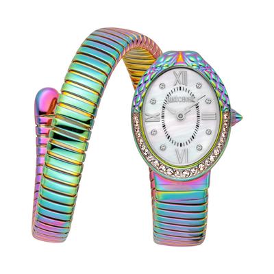Quarzuhr JUST CAVALLI TIME "Signature Snake", bunt (regenbogenfarben, weiß), Armbanduhren, Damen, Regenbogenfarben, Quarzuhr, Armbanduhr, Damenuhr, Edelstahlarmband, analog, Kristallsteine