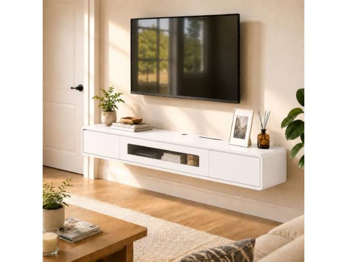 TV-Lowboard Hängend mit TV-Kabelöffnung und Öffnung für Router-Antenne TV-Lowboard aus Massivholz mit halboffenem Glasfach für Wohnzimmer und Büro(White,140cm/55.1in)