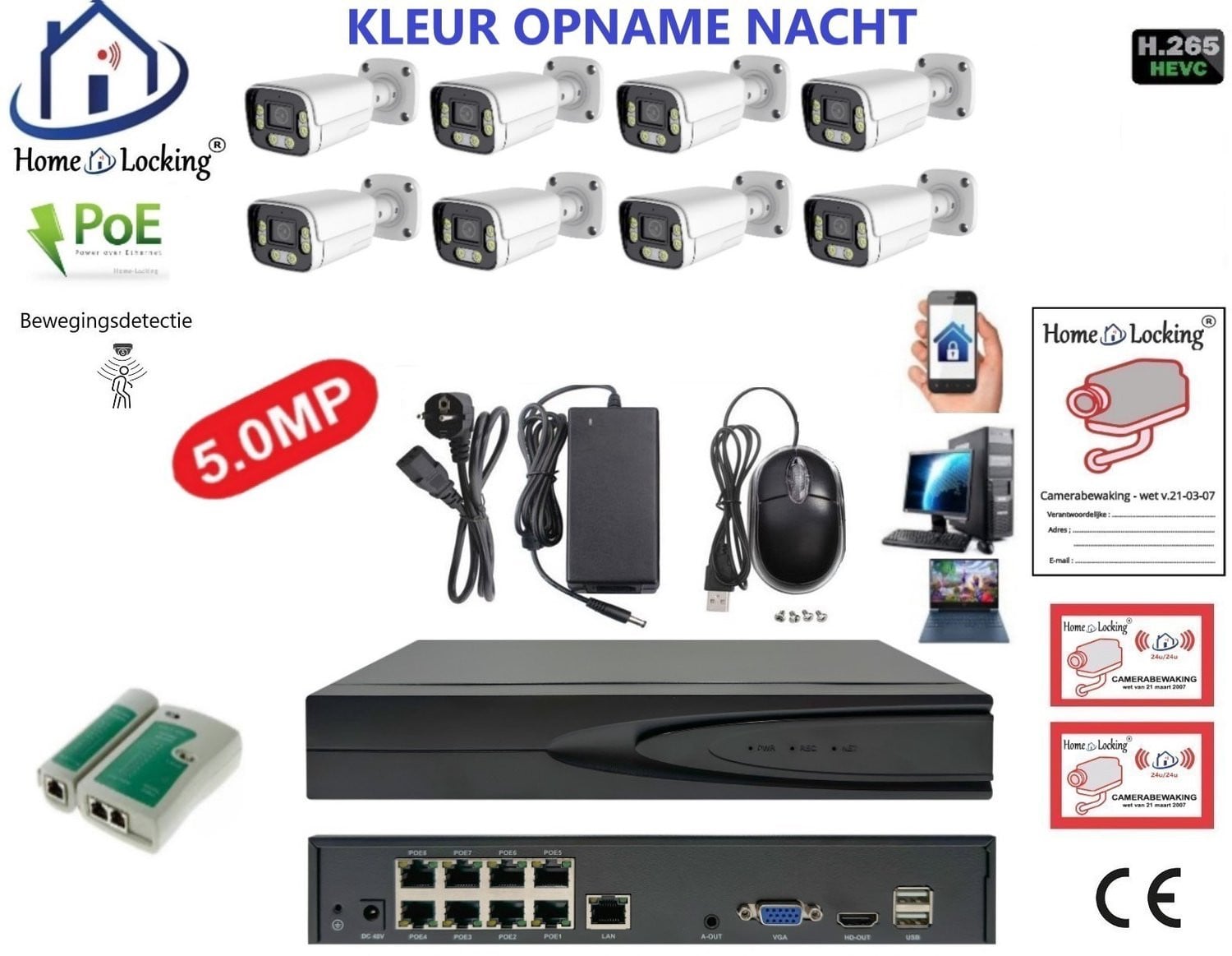 Home-Locking PoE camerasysteem met 8 bullet camera's 5.0MP en 8-kanaals 8.0MP NVR, bewegingsdetectie en Full Color Night Vision, CS-8-1603KL