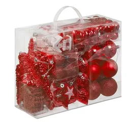 Relaxdays Weihnachtskugeln 100er Set, glitzernd, matt & glänzend, Baumschmuck, Kunststoff, verschiedene Designs, rot