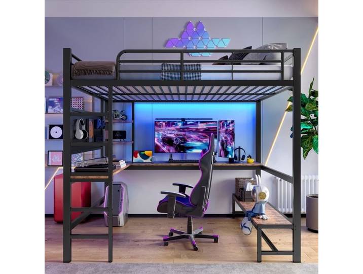 Luscriate Lit mezzanine 140x200 cm Lit jeune avec bureau LED USB-C rangements métal - noir