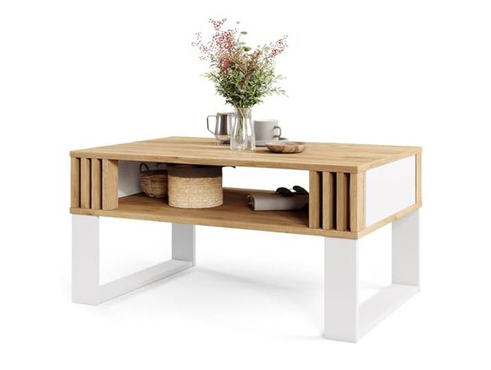 Viosimc Moderner Couchtisch mit Holzdekor-Lamellen, Rechteckiger Wohnzimmertisch mit Regal und Dekorativen Lamellen, Eleganter Zentraler Tisch für Wohnzimmer im Zeitgenössischen Design