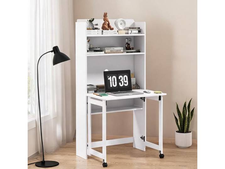 Bureau blanc en MDF avec étagères et plateau rabattable idéal petit espace 80 x 69 x 155 cm