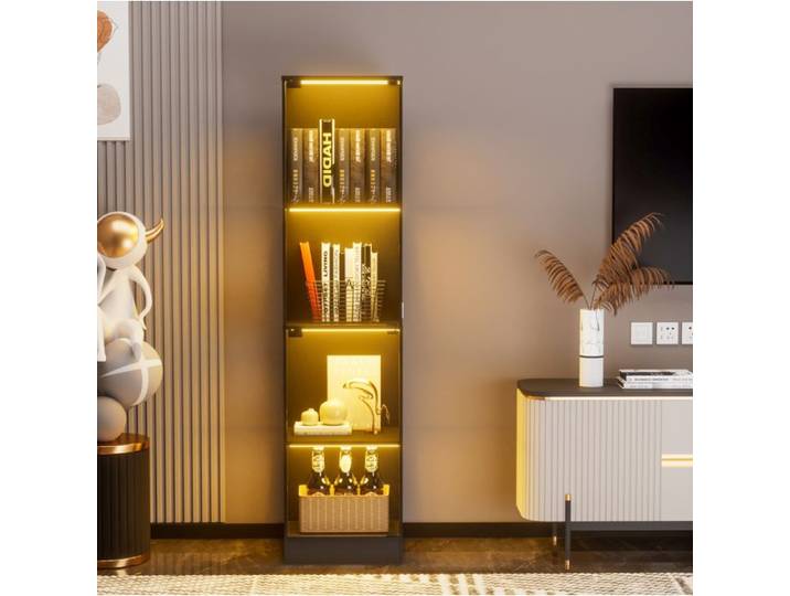 Vitrine Verre 4 Niveaux Noire Armoire Vitrine LED FloraGrace Pour Salon Chambre Bureau Capteur Intelligent 40x35x165cm