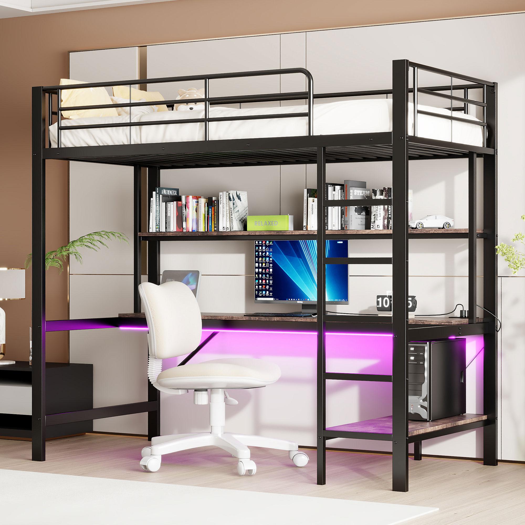 Merax Etagenbett Hochbett 90x200 cm, mit LED-Beleuchtung, USB & Steckdose, Schreibtisch & Regal, Metallgestell, Kinderbett Stockbett, Schwarz