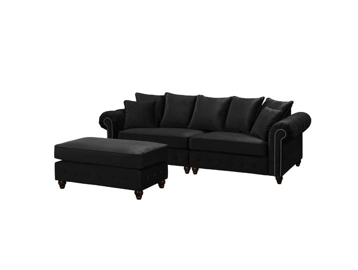 home24 XXL-bank zwart/zwart velours 260 x 90 x 93cm met hocker glamour
