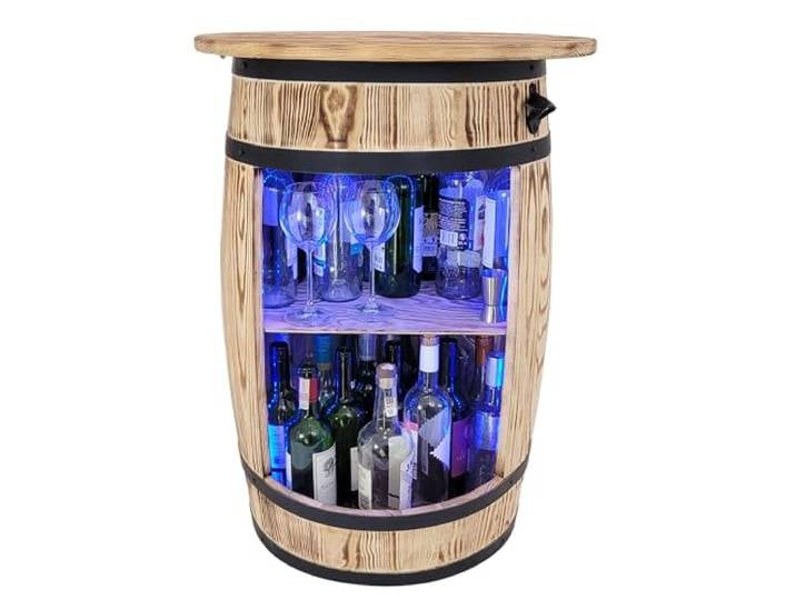 weeco Barschrank mit tischplatte und LED RGB Leuchten - Tisch Home bar - Fassbar - Weinregal Holz - Retro deko Bar Regal - Holzfass mit Deckel - Minibar Gin Whisky Bier Tabelle 80x50cm