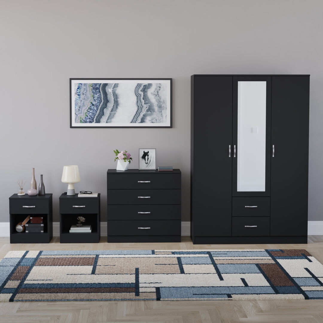 17 Stories Tayce 4 Piece Bedroom Set (1 Drawer Bedside Chest X2, 4 Drawer Chest, 3 Door 2 Drawer Mirrored Wardrobe) Black