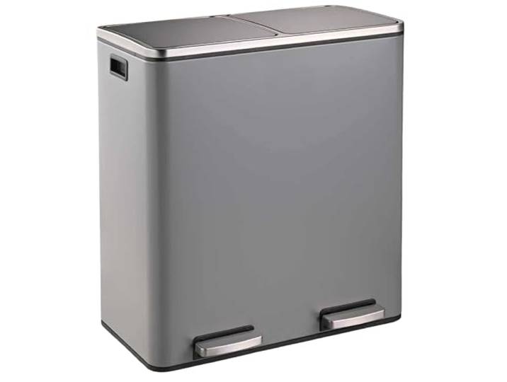 Floordirekt Mülleimer Küche 2×30L Grau 2-Fach Mülltrennung, Treteimer Küche, Metall, Soft-Close, luftdicht, Kunststoff-Inneneimer, Klappdeckel – (Felix)