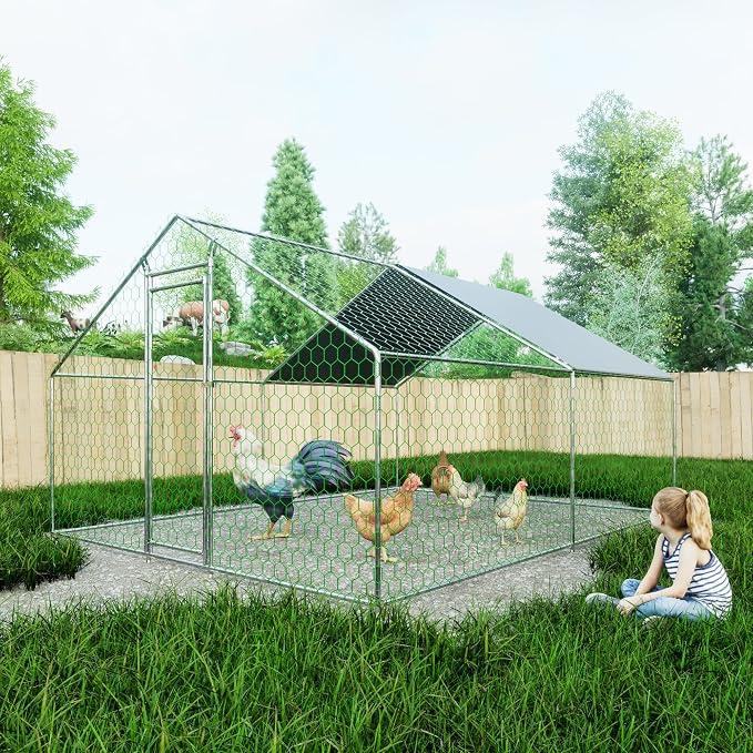 Freilaufgehege Hühnerstall mit Sicherheitsschloss und Wasserdichtes PE-Tuch, Freilaufgehege aus Metall für Hühner, Kaninchen und weitere Kleintiere (3x4x2m)
