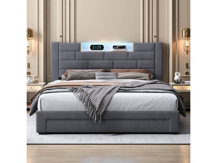 Lit Double 160x200 - Gris Anthracite - Rangement Intégré - LED RGB - Chargeur USB