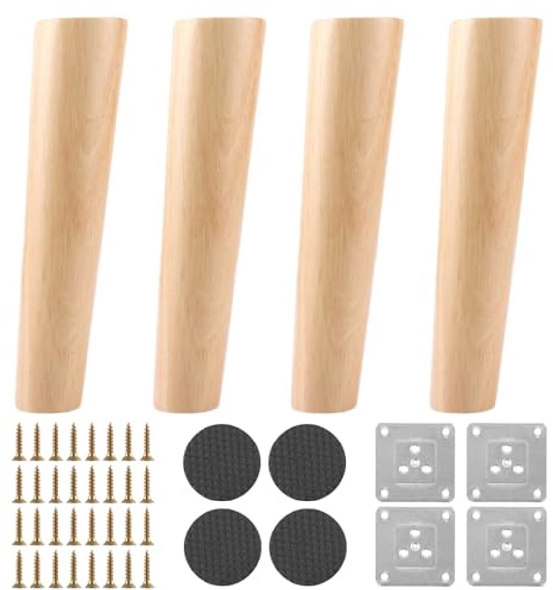 4 Stuks Houten Meubelpoten van 20 cm - Ronde Meubelpoten met Montageplaten en Schroeven