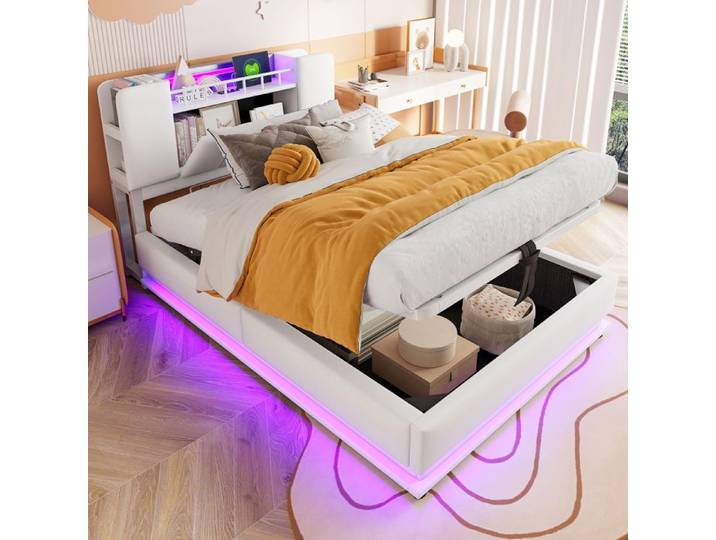 HOMVRA Lit Coffre 90x200 cm - Lit Enfant - LED et USB - Tête de Lit avec Rangement - Velours Beige (Sans Matelas)