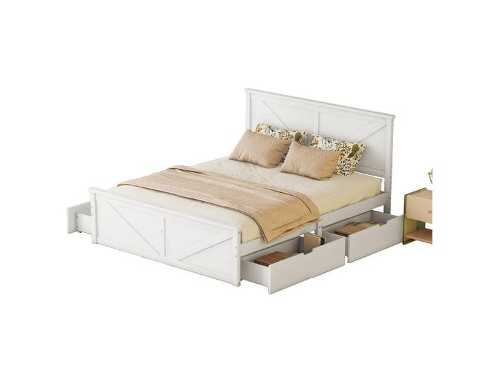 Okwish Rahmenbett Holzpritschenbett 160/200 cm weiß mit vier Schubladen, Weiß, 160x200 cm, Schlafzimmer, Betten