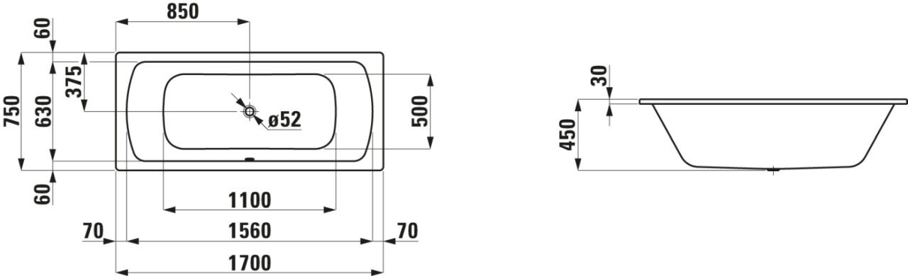 LAUFEN Badewanne LAUFEN PRO Auslauf mittig, H2269500000401 H2269500000401
