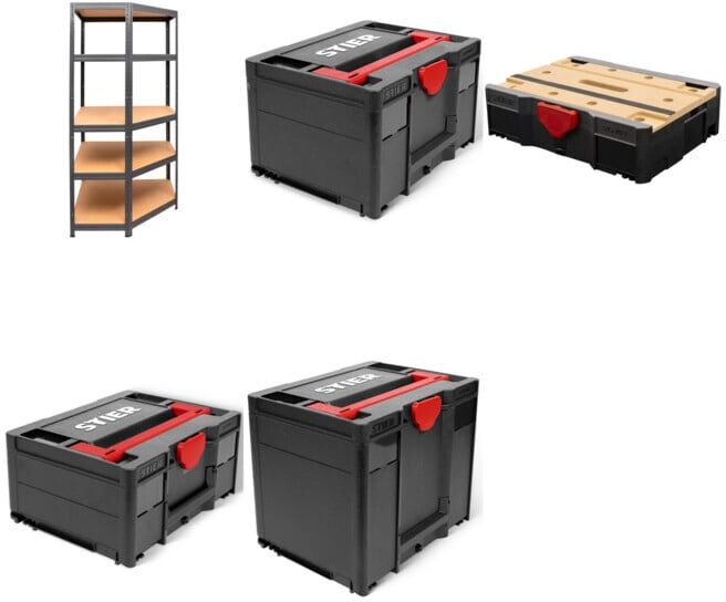 Set STIER Eck-Fachbodenregal Fachlast 250kg + STIER Systainer II Black Edition + STIER Systainer III Black Edition + STIER Systainer IV Black Edition + STIER Systainer T-LOC MFT BLACK-Edition