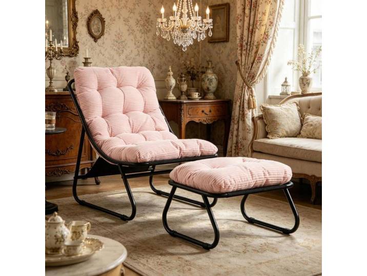 Modenuit Chaise longue 65×78×86 cm avec repose-pieds et coussins cadre en acier rose
