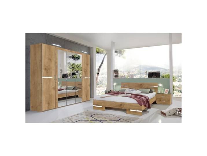 Chambre à coucher complète adulte CROWN (lit 160x200 cm + 2 chevets + armoire) coloris imitation chêne poutre-chrome brillant