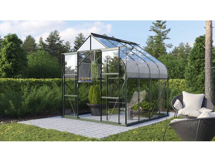 Gewächshaus VITAVIA Dione 6700 smaragd , grün (dunkelgrün), B:264cm H:261cm T:258cm, Gewächshäuser, Gewächshaus, inkl. Fundamentrahmen, Dachlüfter und Min-Max-Thermometer